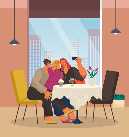 Selfie Flat Vector Illustration Three Smiling Women At Table With Cocktail Glasses Taking Self Photo On Smartphone Camera Meeting Good Old Friends Hen Party Cartoon Characters In A Restaurant Illustration