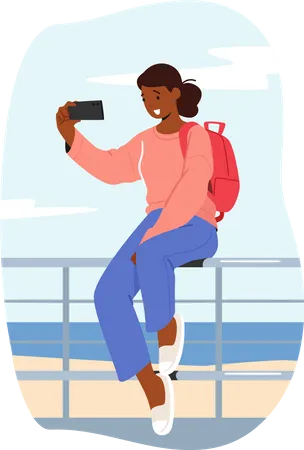 Woman Taking Selfie Or Chatting Via Smartphone Sitting On Railings Outside Girl Photographing On Seascape Background Making Pictures For Social Networks Sharing Photos Cartoon Vector Illustration Illustration