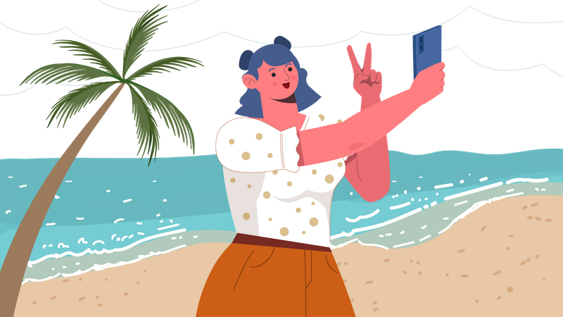 Woman taking selfie at beach  Illustration