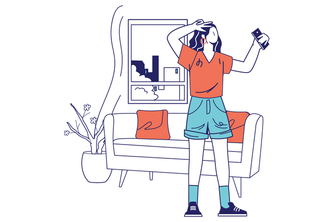Woman taking selfie at home Illustration
