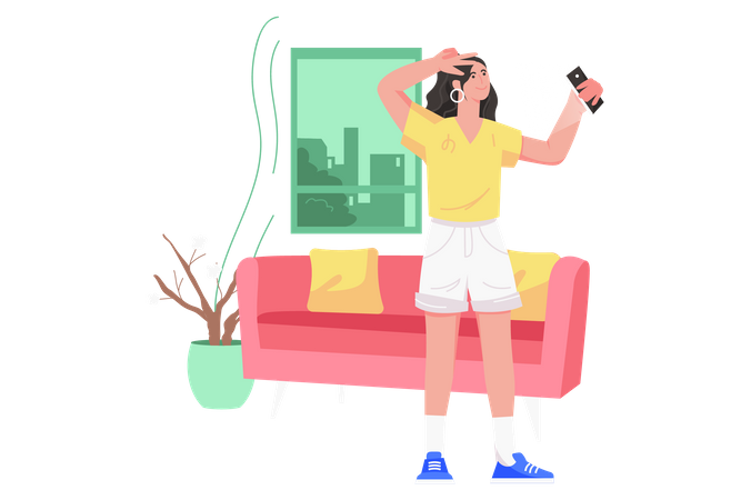 Woman taking selfie at home  Illustration