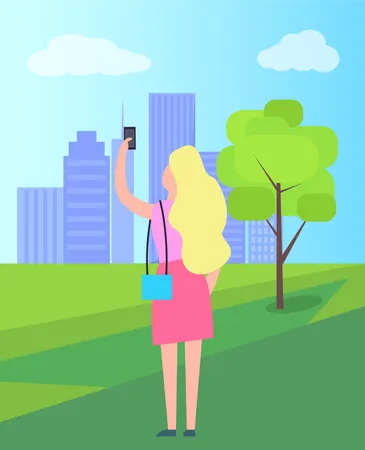 Blonde Woman Dressed In Pink Skirt And Sleeveless Shirt Taking Selfie In City Park With High Rise Buildings Looming In Background Vector Illustration Illustration