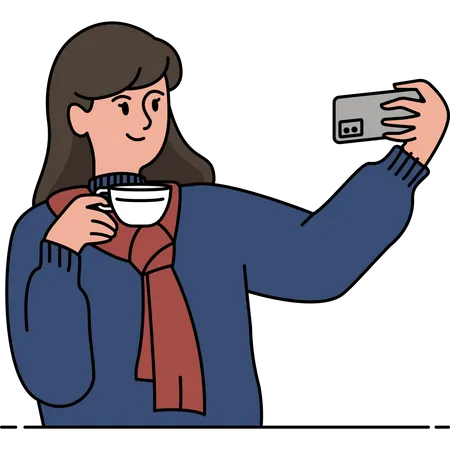 Woman Doing Selfie In Coffee Shop Illustration Illustration