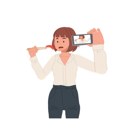 Woman taking selfie with food  Illustration