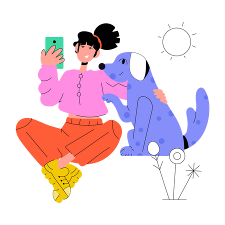 Woman taking Selfie with Pet  Illustration
