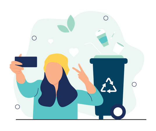 Woman taking selfie with recycle bin  Illustration