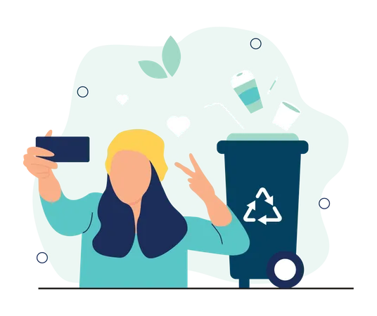 Woman taking selfie with recycle bin  Illustration