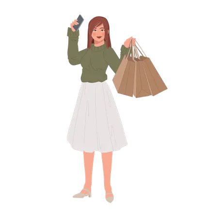 Woman taking selfie with smartphone after shopping  Illustration