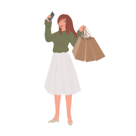 Woman taking selfie with smartphone after shopping  Illustration