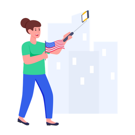 Woman taking selfie with usa flag  Illustration