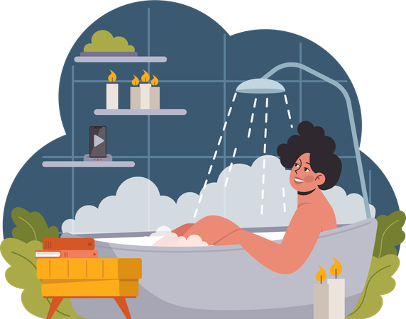 Woman taking shower in bathtub  Illustration