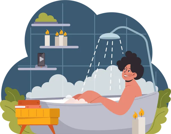 Woman taking shower in bathtub  イラスト