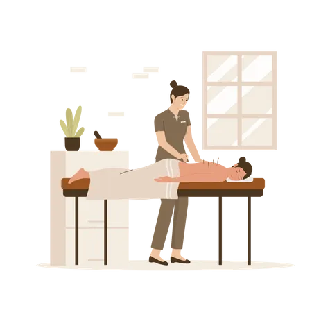 Woman taking Traditional acupuncture treatment Illustration