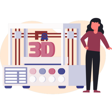 3D 프린터 기계에 대해 이야기하는 여성  일러스트레이션
