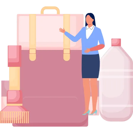 Woman Talking About Camping Bag  イラスト