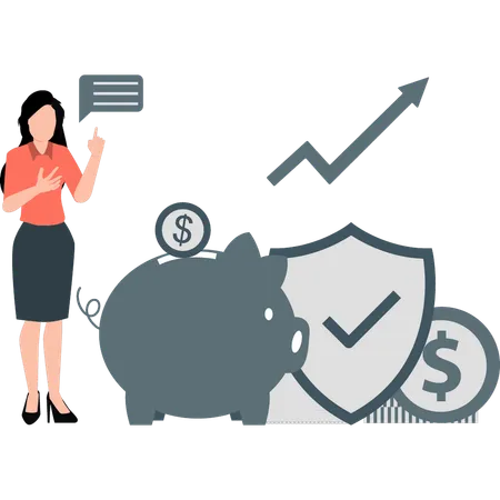 Woman talking about piggy bank protection  Illustration