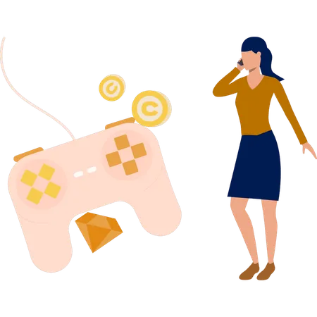 Woman talking on mobile about game  Illustration