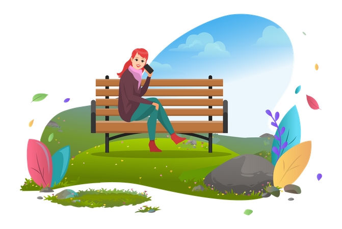 Woman talking on mobile in park  Illustration