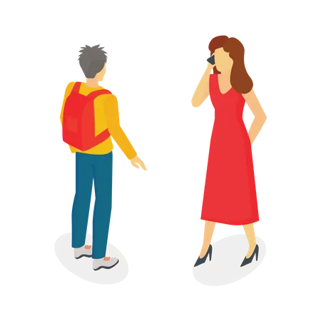 Woman talking on mobile while man standing with bag  Illustration