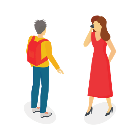 Woman talking on mobile while man standing with bag  Illustration