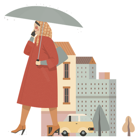 Woman talking on mobile while walking Illustration