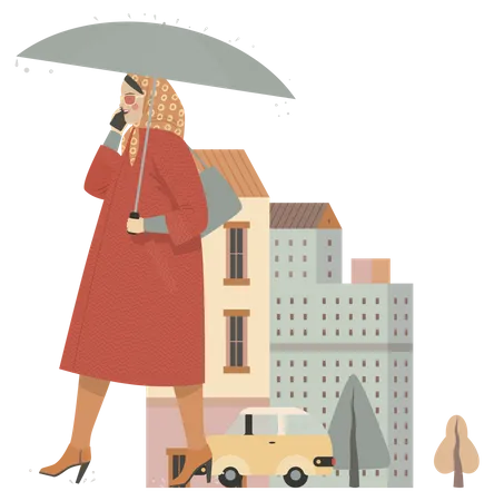 Woman talking on mobile while walking Illustration