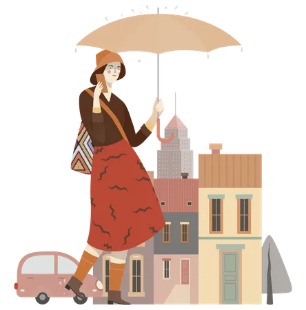 Woman talking on mobile while walking  Illustration