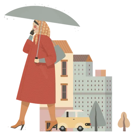 Woman talking on mobile while walking  Illustration