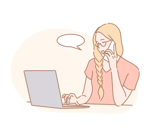 Woman talking on mobile with laptop  Illustration
