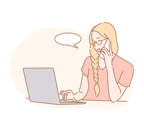 Woman talking on mobile with laptop  Illustration