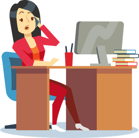 Woman talking on mobile with working on computer  イラスト