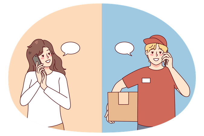 Woman talking on phone with deliveryman  Illustration