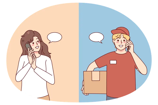Woman talking on phone with deliveryman  Illustration