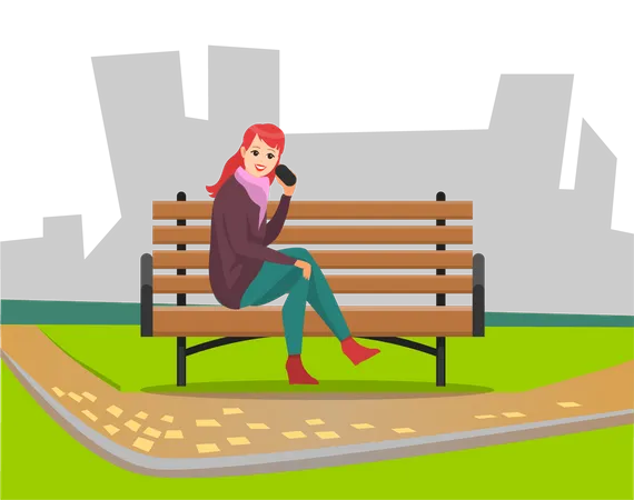 Woman Talking On Smartphone In Park  イラスト