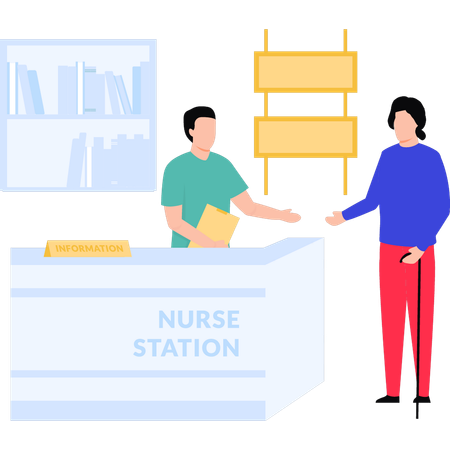 Woman talking to boy at nurse's station  Illustration