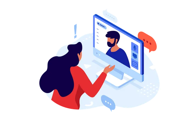 Woman Talking To Friend Via Video Chat On Computer Technology Of Communication Video Call Concept Isometric Vector Illustration Couple In Distant Relationship Cartoon Characters Colour Composition Illustration
