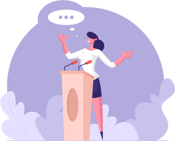 Woman talking while standing at podium  イラスト