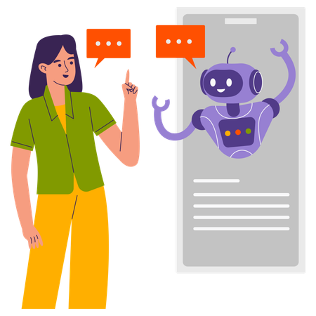 Woman talking with AI virtual assistant on mobile phone  Illustration