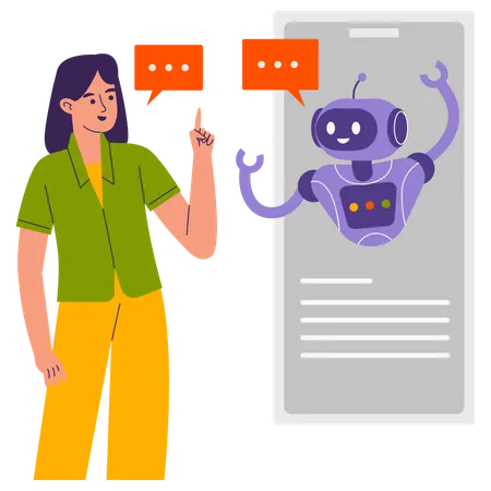 Woman talking with AI virtual assistant on mobile phone  Illustration