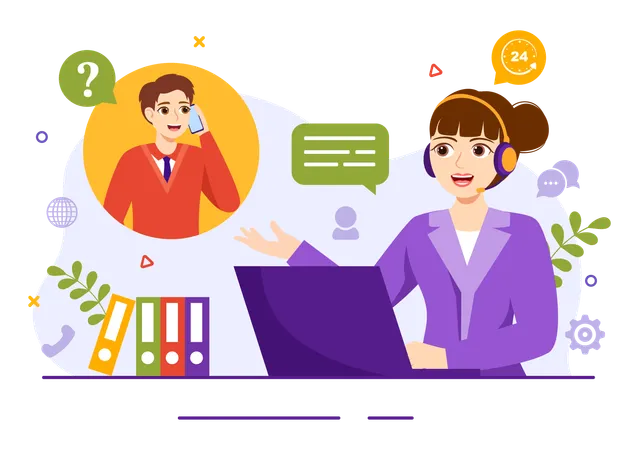 Call Center Agent Vector Illustration Of Customer Service Or Hotline Operator With Headsets And Computers In Flat Cartoon Background Illustration