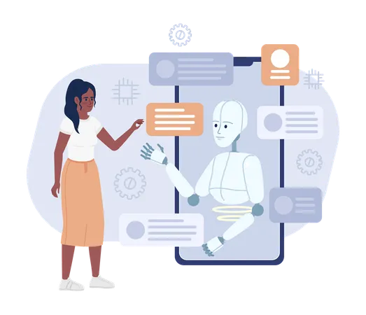 Woman talking with robot on mobile  Illustration