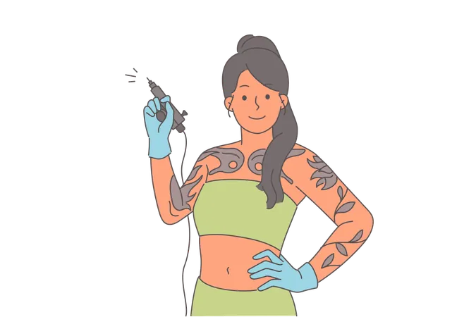 Woman tattoo artist holds machine to apply ink under skin inviting you to change your look  Illustration