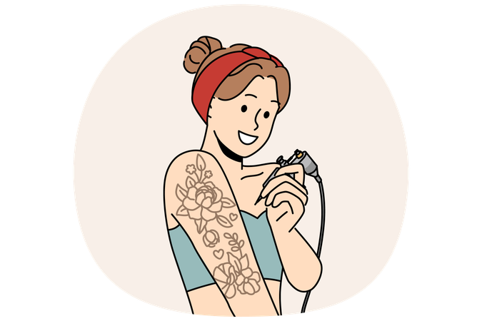 Woman tattoos hand on own and smiles  Illustration