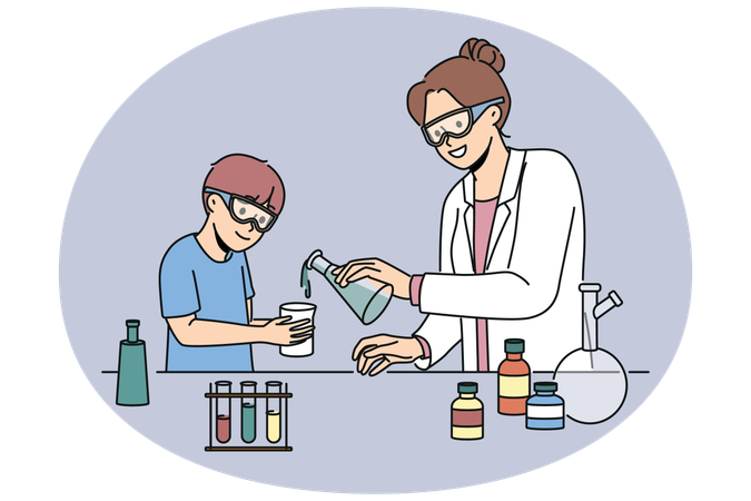 Woman teacher of chemistry teaches boy to conduct laboratory experiments and mix reagents  Illustration