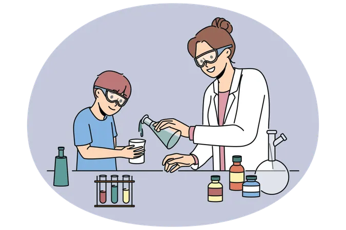 Woman teacher of chemistry teaches boy to conduct laboratory experiments and mix reagents  Illustration