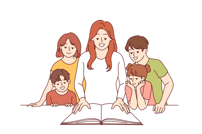 Woman teacher showing interesting book to happy children and smiles  Illustration