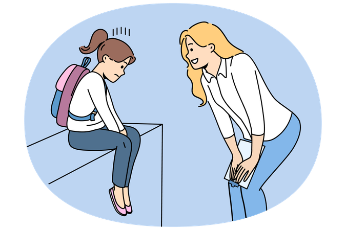 Woman teacher supports and motivates sad child who has problems with socialization  Illustration