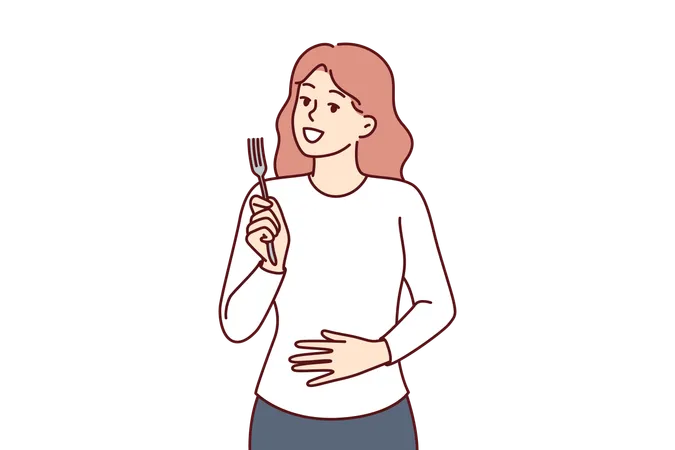 Hungry Woman With Fork In Hands Touches Stomach Demonstrating Good Appetite And Desire To Dine Hungry Girl Needs Food And Looks At Screen With Smile Waiting For Waiter With Order 일러스트레이션