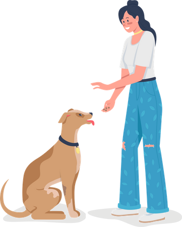 Woman teaching dog to sit Illustration