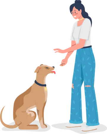 Woman Teaching Dog To Sit Flat Color Vector Detailed Character Happy Owner With Puppy Playing And Learning Tricks Pet Care Isolated Cartoon Illustration For Web Graphic Design And Animation Illustration